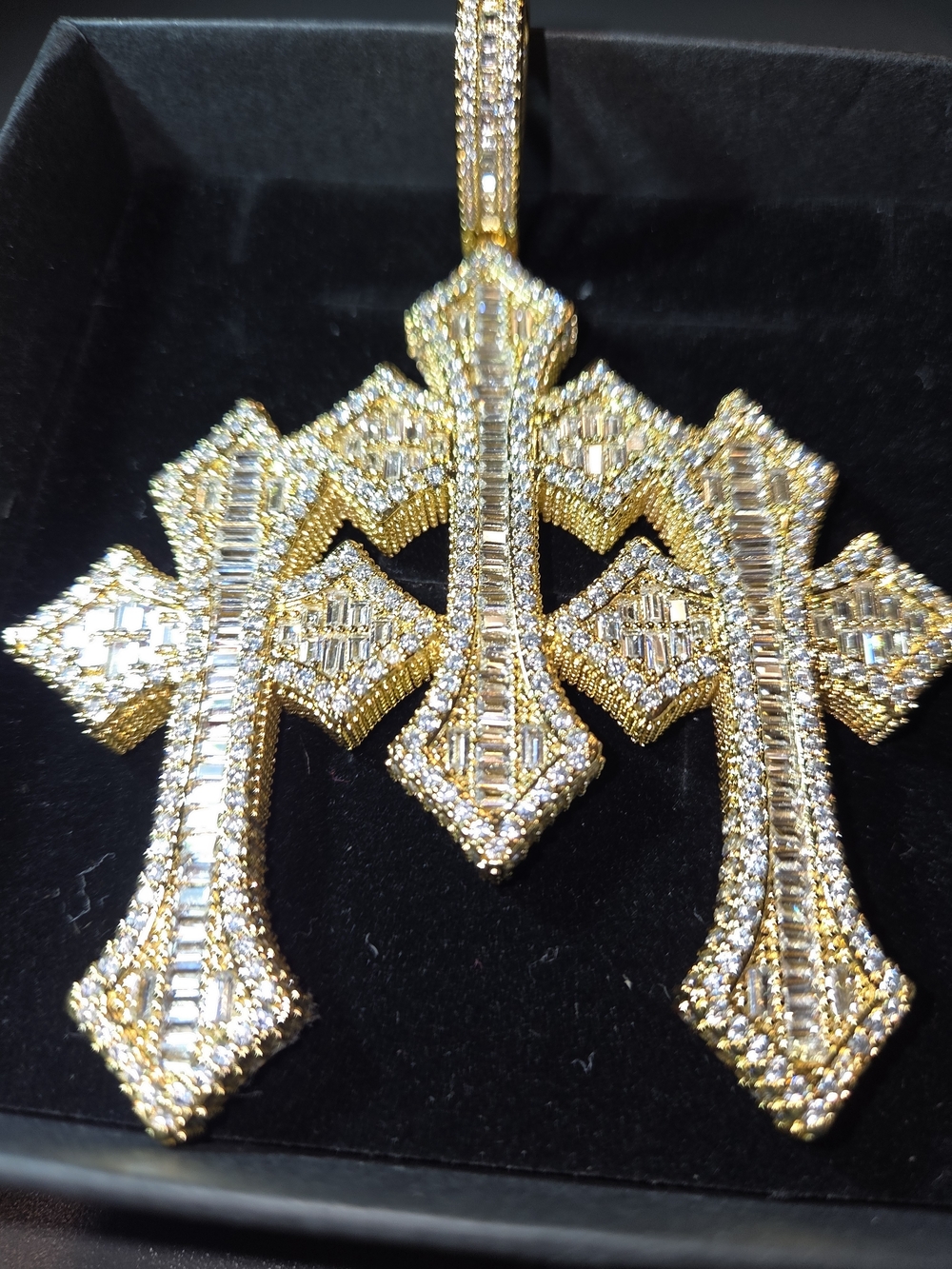 Iced Out Triple Cross Moissanite Pendant/14k Gold Vermeil Over 925 Sterlling NEW